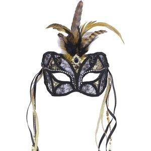 image:imageForum Mardi Gras Costume Masquerade MaskLace With Feathers and RibbonBlackGold